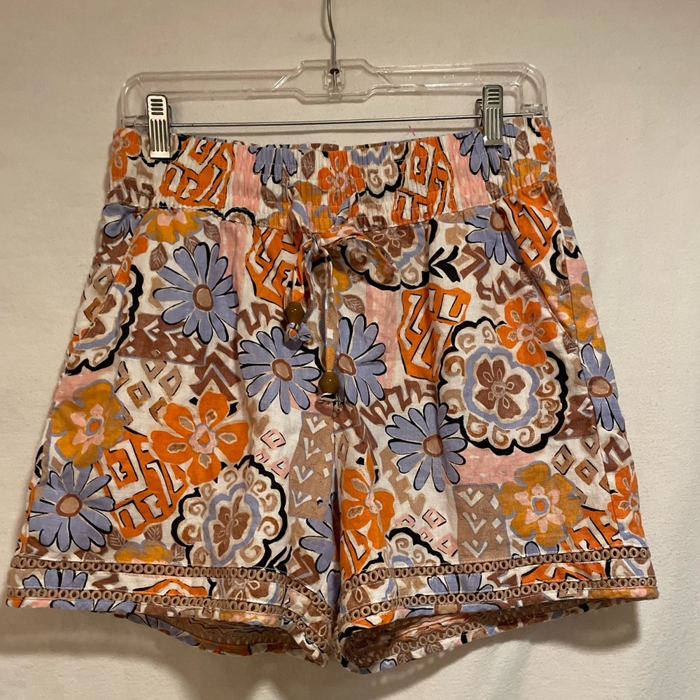 Nicole Miller Orange, Lavender & Brown Floral Patchwork Linen Drawstring Shorts
